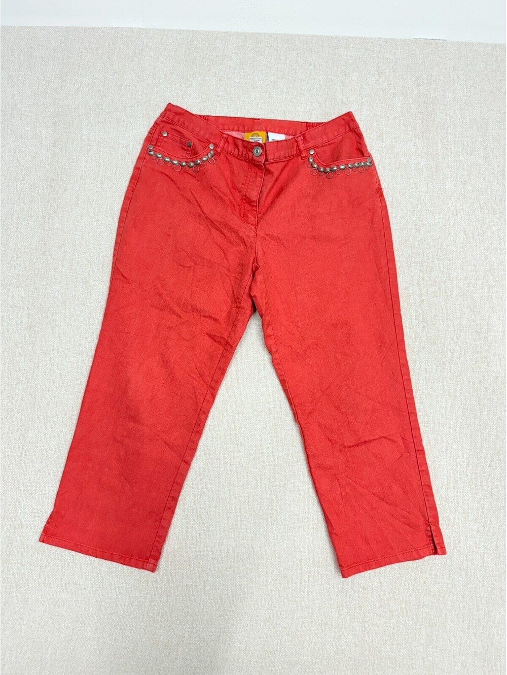 Ruby Rd Womens Size 10 Coral Red Embellished Pocket Elastic Waist Capri Pants